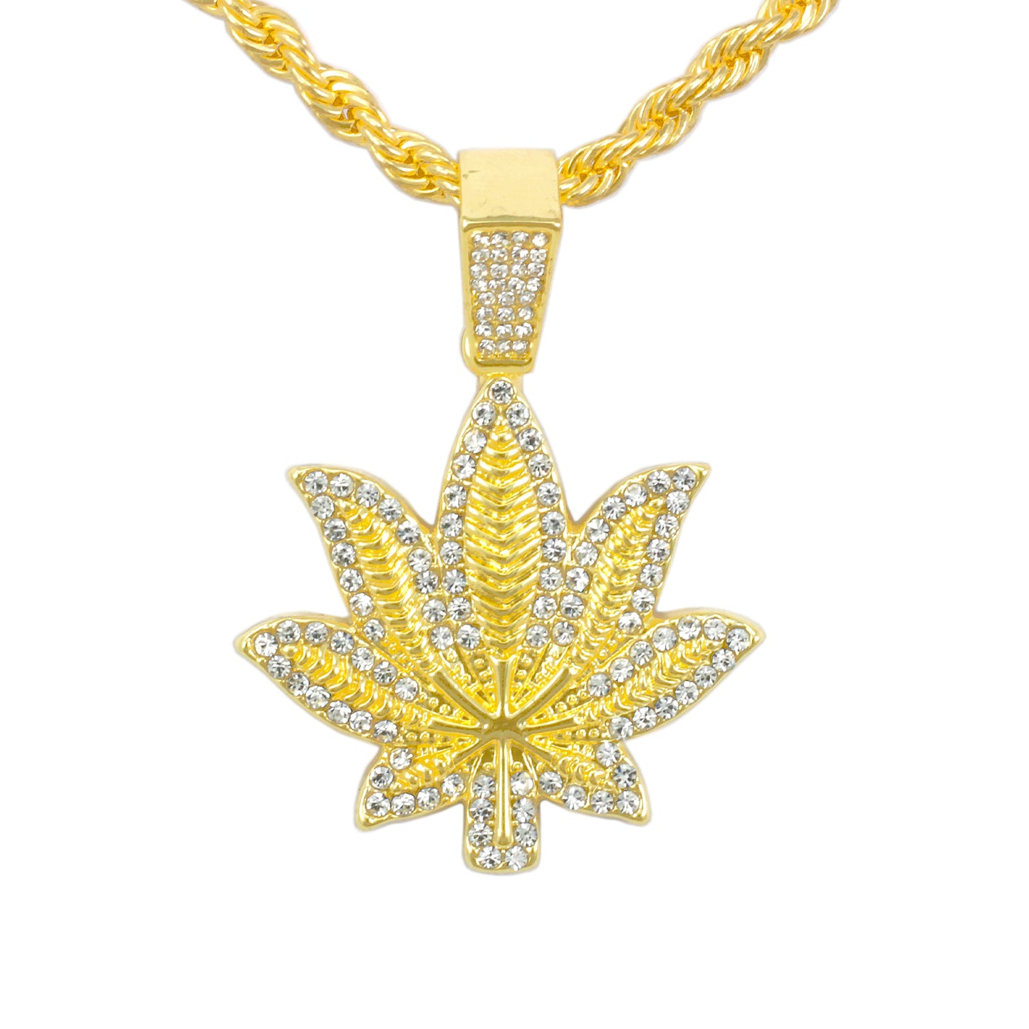 Iced Medium Leaf Pendant with 4mm Rope Chain 24" - HC-1373