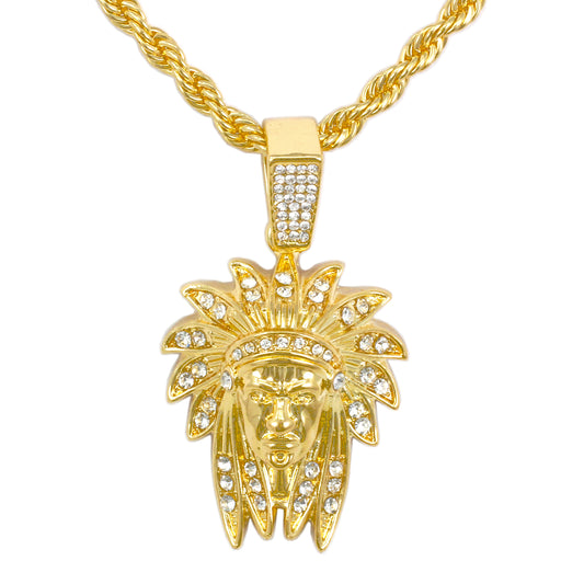Iced Medium Chief Pendant with 4mm Rope Chain 24" - HC-1374