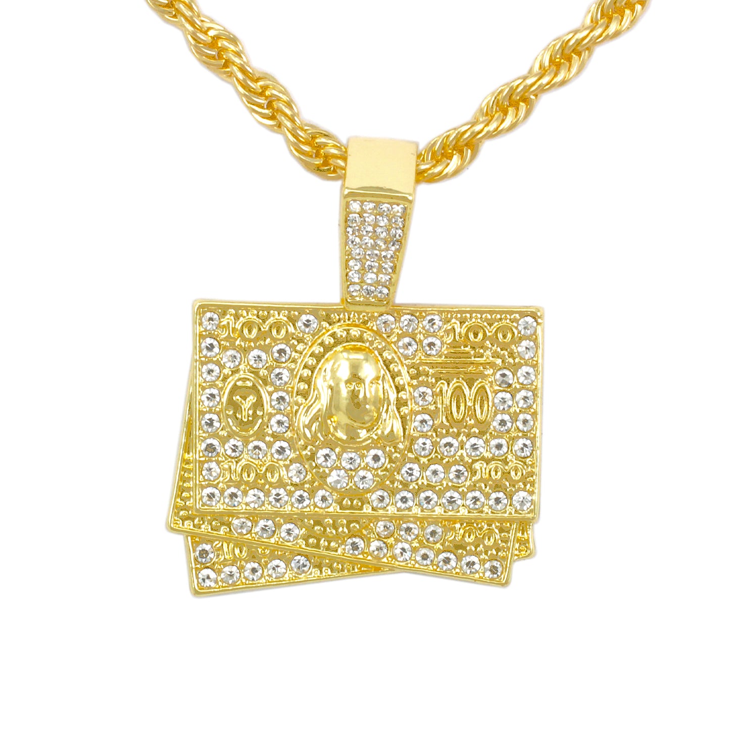 Iced Medium Money Pendant with 4mm Rope Chain 24" - HC-1378