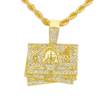 Iced Medium Money Pendant with 4mm Rope Chain 24" - HC-1378