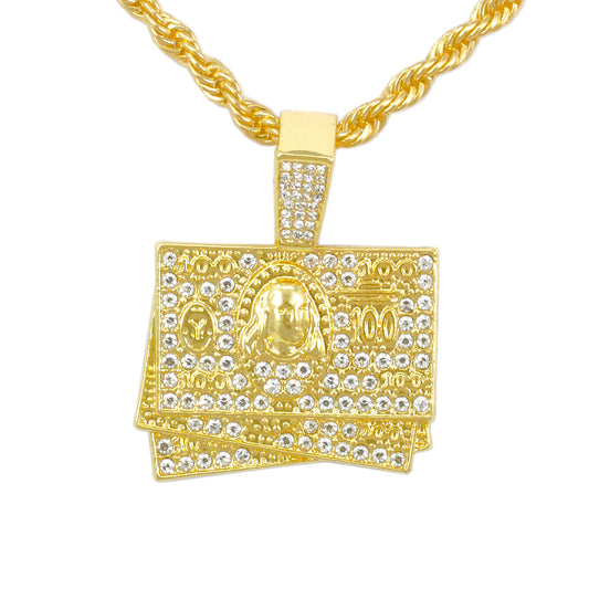 Iced Medium Money Pendant with 4mm Rope Chain 24" - HC-1378