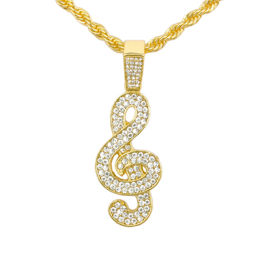 Iced Medium Music Pendant with 4mm Rope Chain 24" - HC-1381