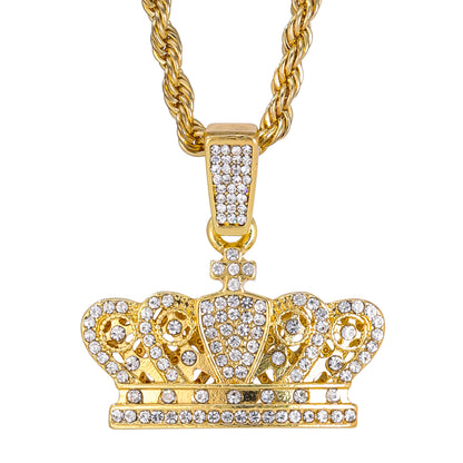 Iced Medium Crown Pendant with 4mm Rope Chain 24" - HC-1395