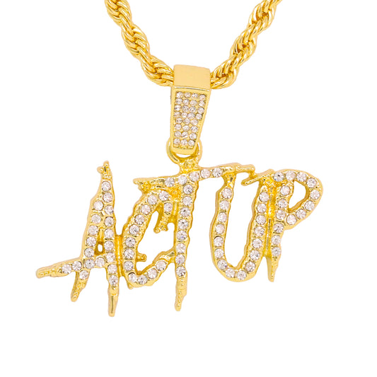 Iced Medium Act Up Pendant with 4mm Rope Chain 24" - HC-1436*