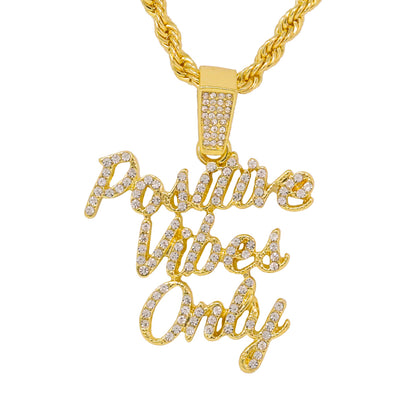 Iced Medium Positive Vibes Only Pendant with 4mm Rope Chain 24" - HC-1438*