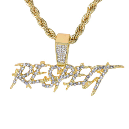 Iced Medium Respect Pendant with 4mm Rope Chain 24" - HC-1501