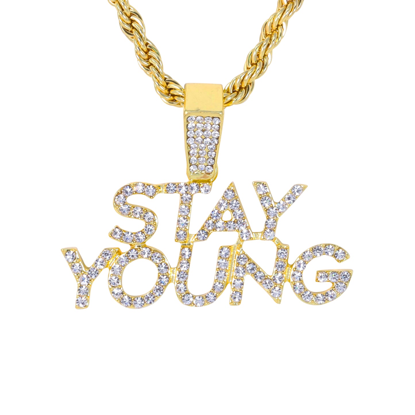 Iced Medium Stay Young Pendant with 4mm Rope Chain 24" - HC-1513*
