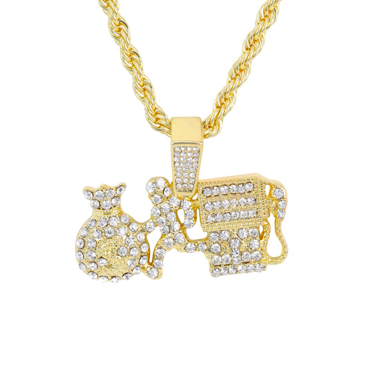 Iced Medium Money Pendant with 4mm Rope Chain 24" - HC-1704*