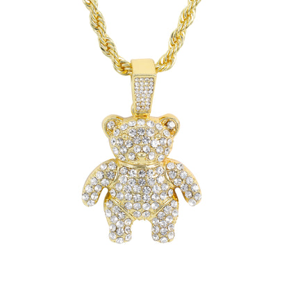 Iced Medium Teddy Bear Pendant with 4mm Rope Chain 24" - HC-1709