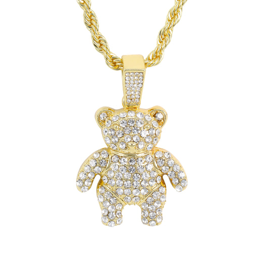 Iced Medium Teddy Bear Pendant with 4mm Rope Chain 24" - HC-1709