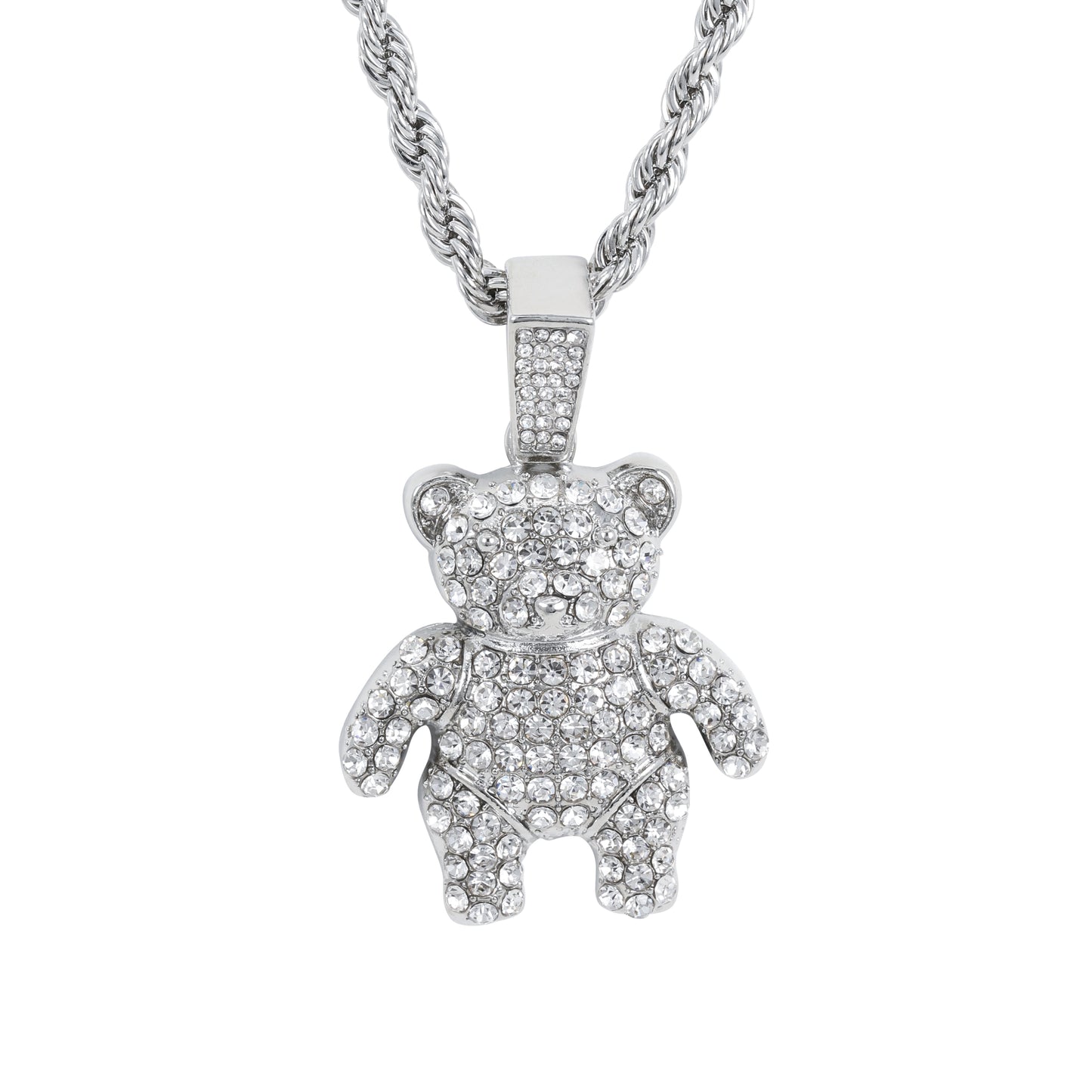 Iced Medium Teddy Bear Pendant with 4mm Rope Chain 24" - HC-1709
