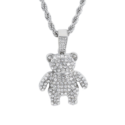 Iced Medium Teddy Bear Pendant with 4mm Rope Chain 24" - HC-1709