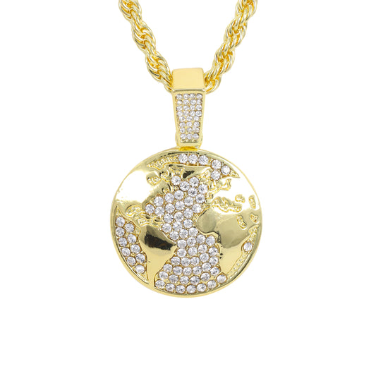 Iced Medium Globe Pendant with 4mm Rope Chain 24" - HC-1711