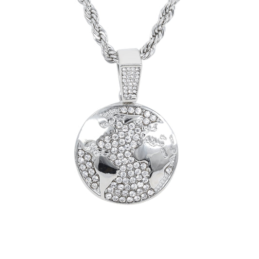 Iced Medium Globe Pendant with 4mm Rope Chain 24" - HC-1711