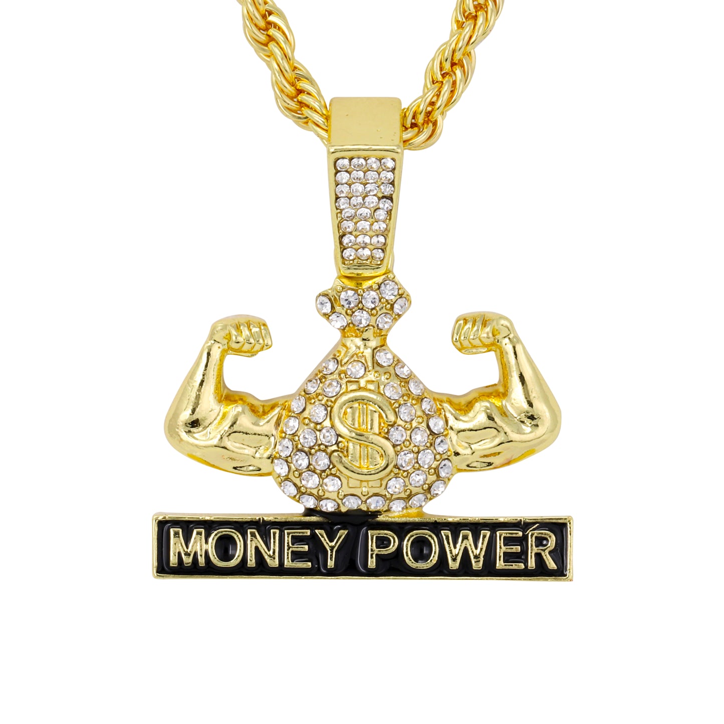 Iced Medium Money Power Pendant with 4mm Rope Chain 24" - HC-1712*