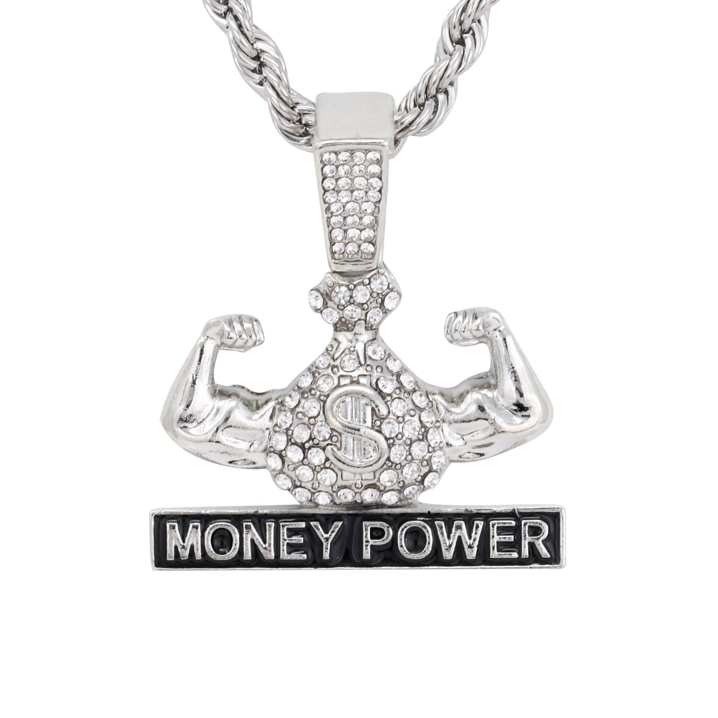 Iced Medium Money Power Pendant with 4mm Rope Chain 24" - HC-1712*