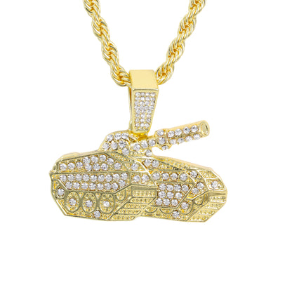 Iced Medium Tank Pendant with 4mm Rope Chain 24" - HC-1720