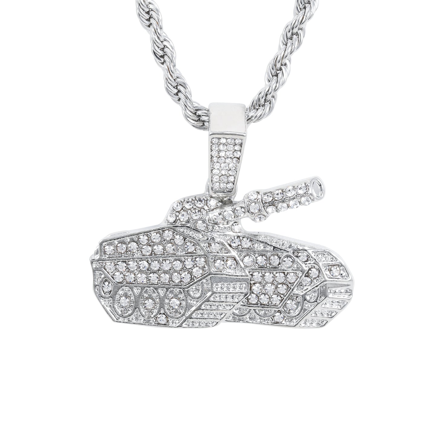 Iced Medium Tank Pendant with 4mm Rope Chain 24" - HC-1720