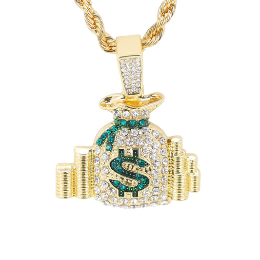 Iced Medium Money Pendant with 4mm Rope Chain 24" - HC-1721