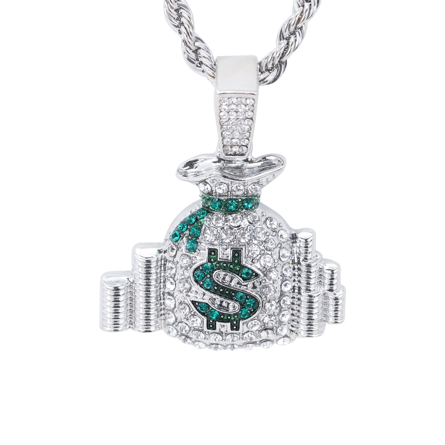 Iced Medium Money Pendant with 4mm Rope Chain 24" - HC-1721