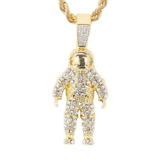 Iced Medium Astronaut Pendant with 4mm Rope Chain 24" - HC-1726