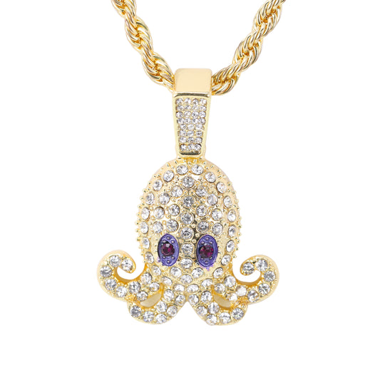 Iced Medium Octopus Pendant with 4mm Rope Chain 24" - HC-1728*