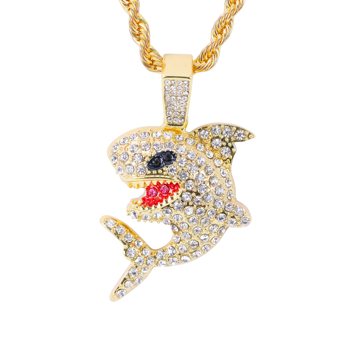 Iced Medium Shark Pendant with 4mm Rope Chain 24" - HC-1732