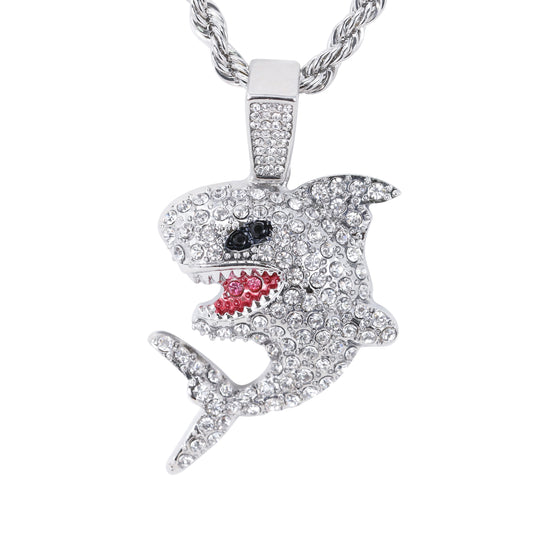 Iced Medium Shark Pendant with 4mm Rope Chain 24" - HC-1732