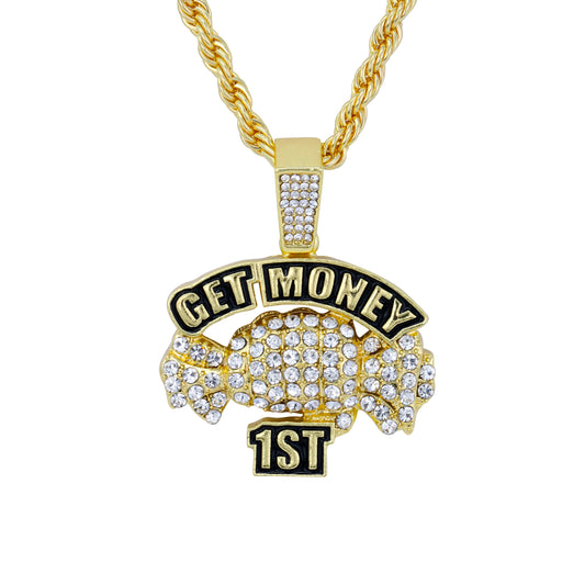 Iced Medium Money Pendant with 4mm Rope Chain 24" - HC-1734*