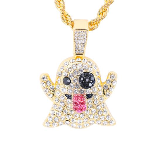 Iced Medium Ghost Pendant with 4mm Rope Chain 24" - HC-1738