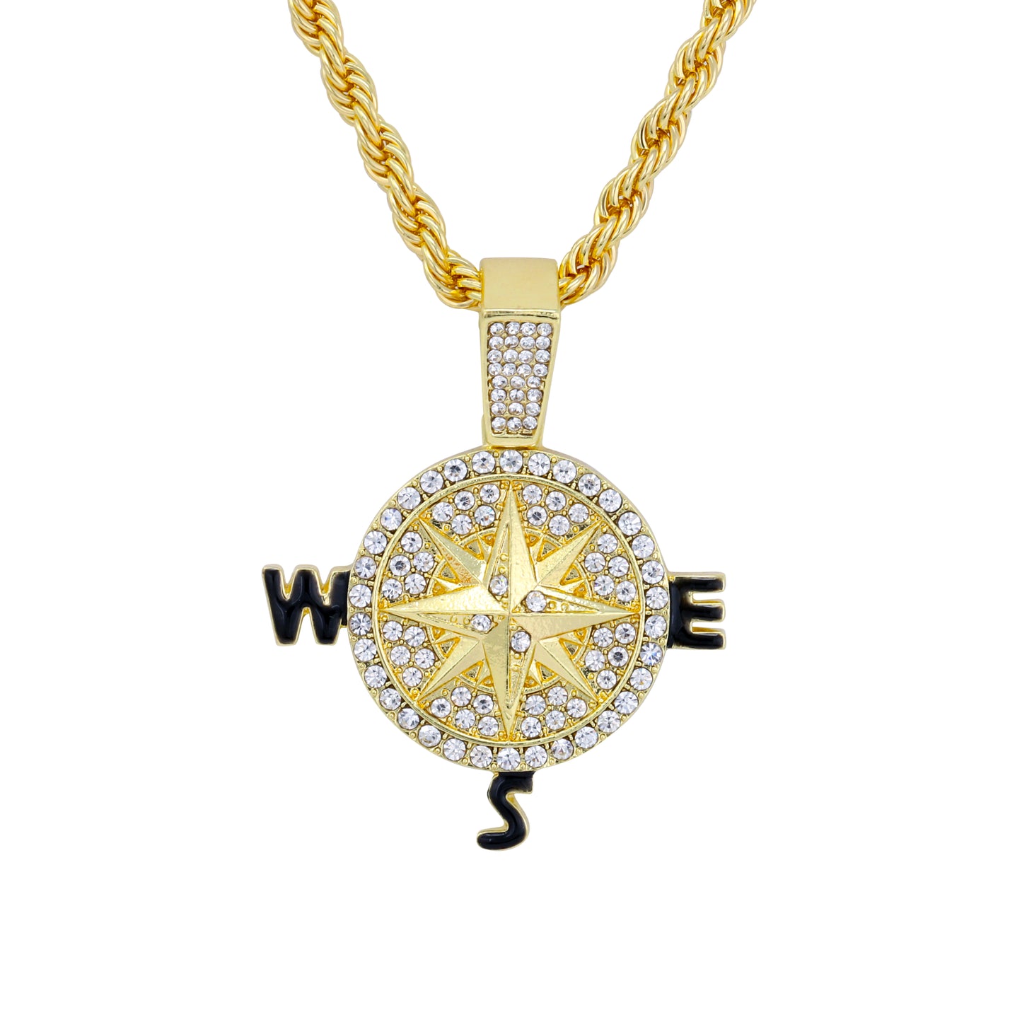 Iced Medium Compass Pendant with 4mm Rope Chain 24" - HC-1740*