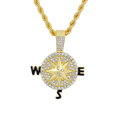 Iced Medium Compass Pendant with 4mm Rope Chain 24" - HC-1740*