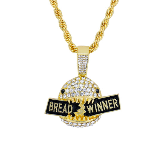 Iced Medium Bread Winner Pendant with 4mm Rope Chain 24" - HC-1745*