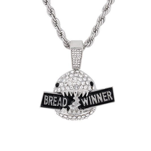 Iced Medium Bread Winner Pendant with 4mm Rope Chain 24" - HC-1745*