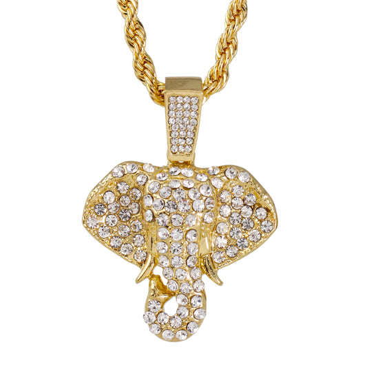 Iced Medium Elephant Pendant with 4mm Rope Chain 24" - HC-1754