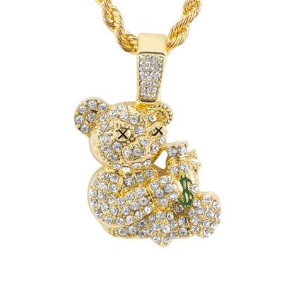 Iced Medium Bear Pendant with 4mm Rope Chain 24" - HC-1760