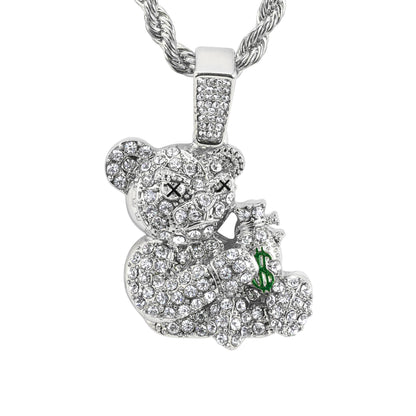 Iced Medium Bear Pendant with 4mm Rope Chain 24" - HC-1760