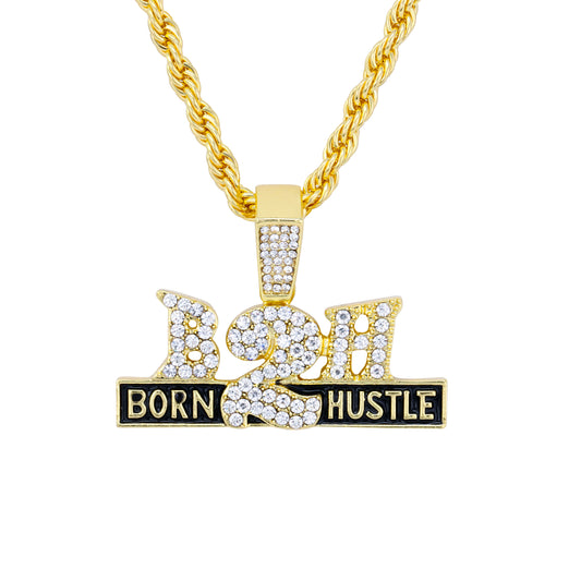 Iced Medium Born 2 Hustle Pendant with 4mm Rope Chain 24" - HC-1766*