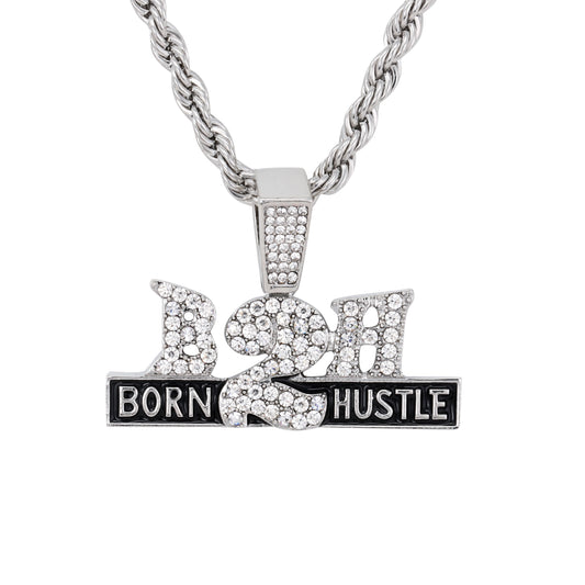 Iced Medium Born 2 Hustle Pendant with 4mm Rope Chain 24" - HC-1766*