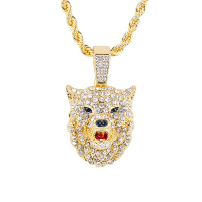 Iced Medium Wolf Pendant with 4mm Rope Chain 24" - HC-1774