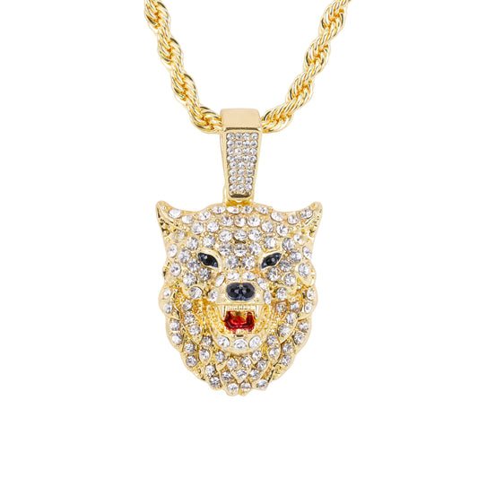 Iced Medium Wolf Pendant with 4mm Rope Chain 24" - HC-1774