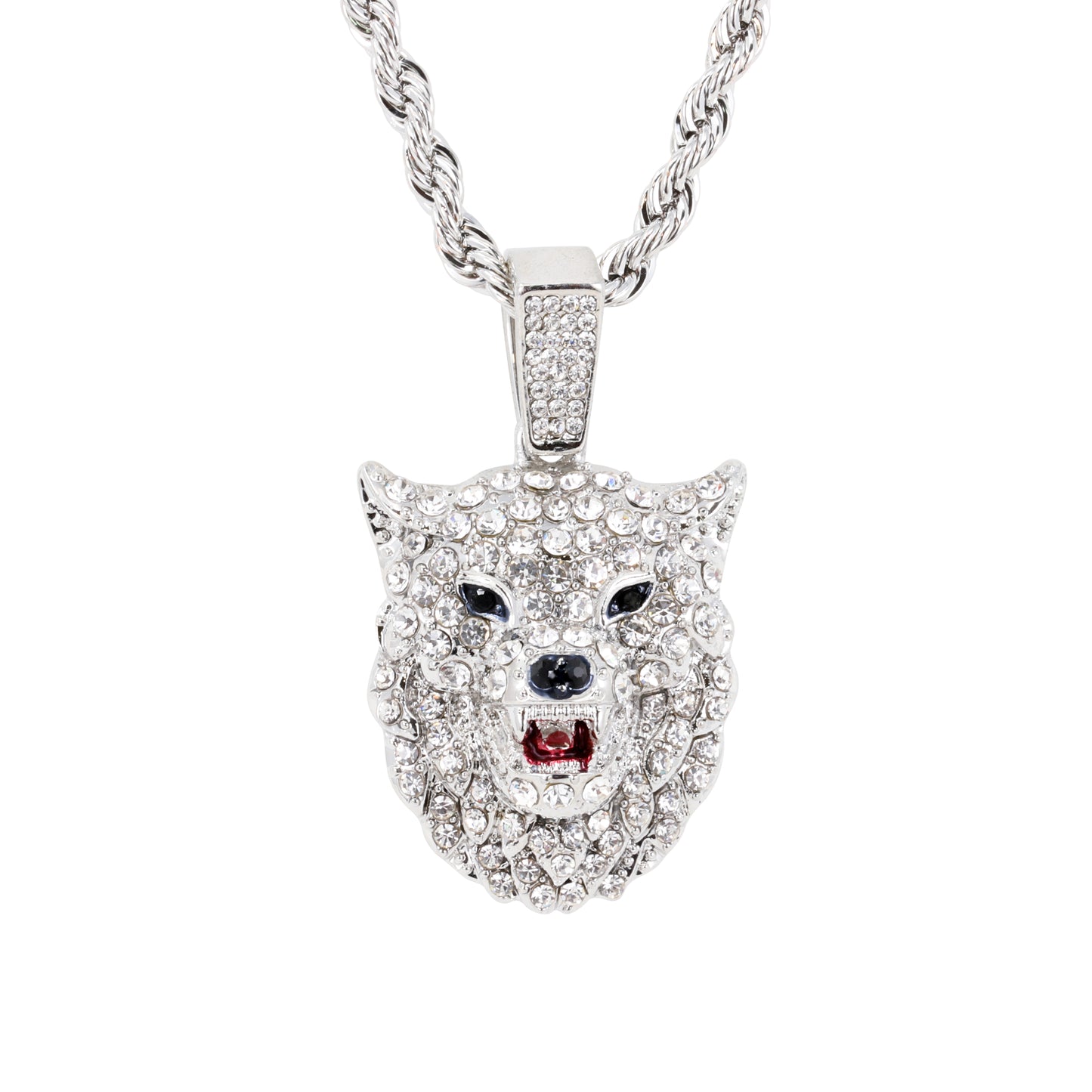 Iced Medium Wolf Pendant with 4mm Rope Chain 24" - HC-1774