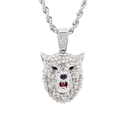 Iced Medium Wolf Pendant with 4mm Rope Chain 24" - HC-1774