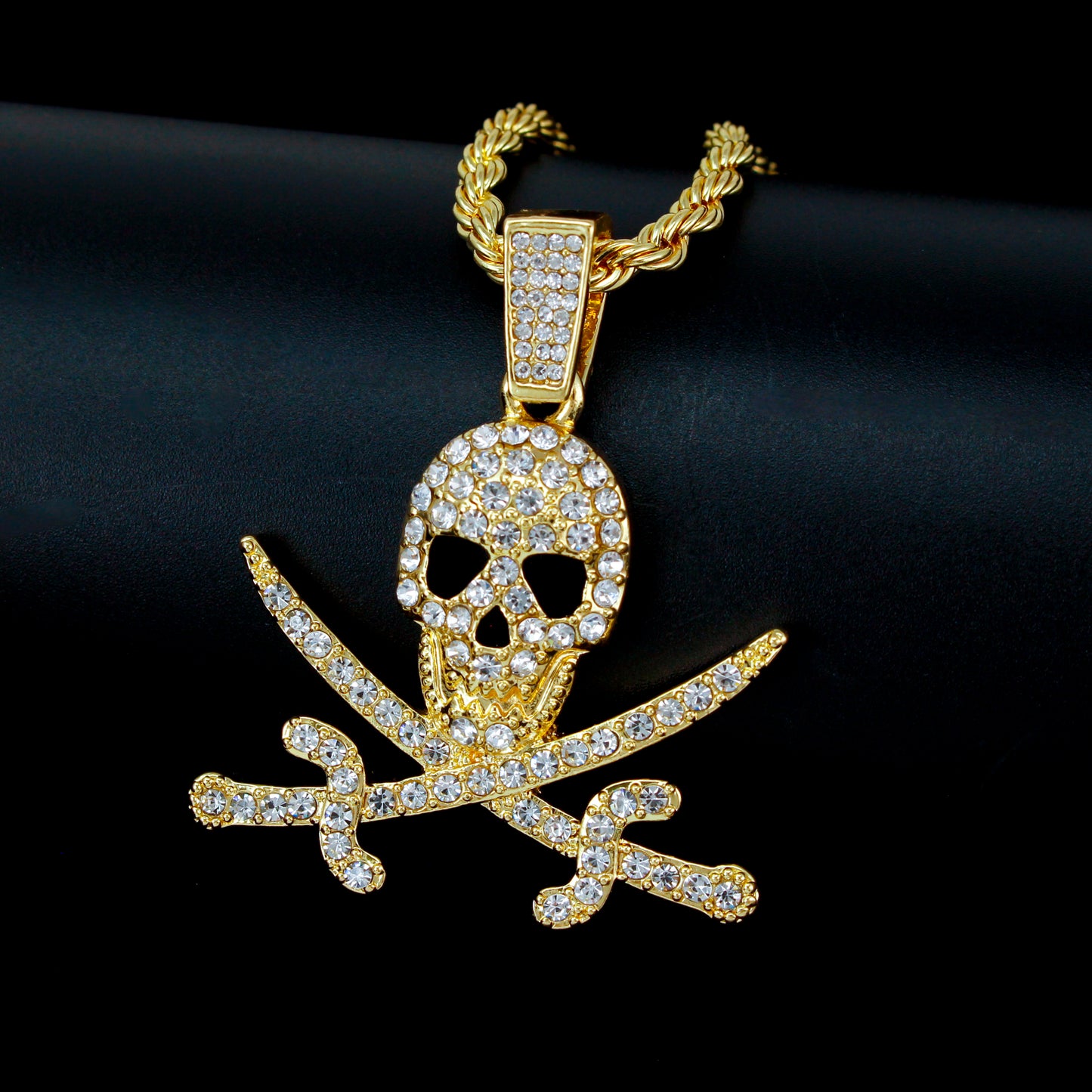 Iced Medium Skull Pendant with 4mm Rope Chain 24" - HC-1778