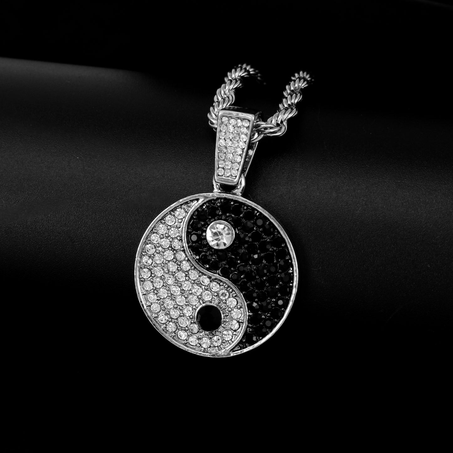 Iced Medium Yin Yang Pendant with 4mm Rope Chain 24" - HC-1781