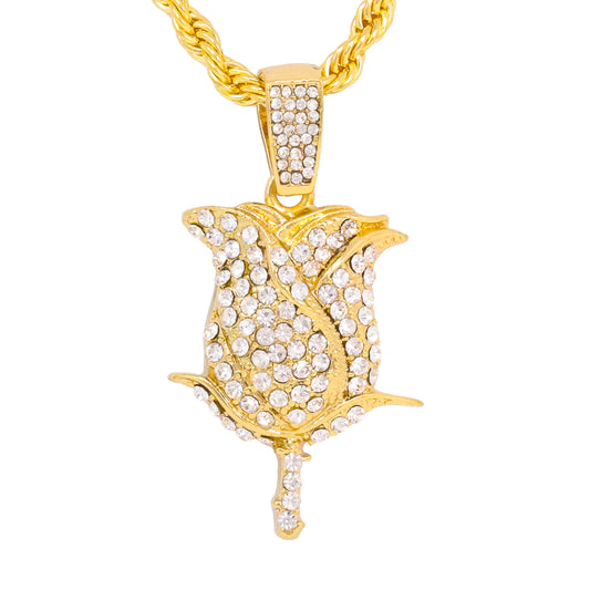 Iced Medium Rose Pendant with 4mm Rope Chain 24" - HC-1909*
