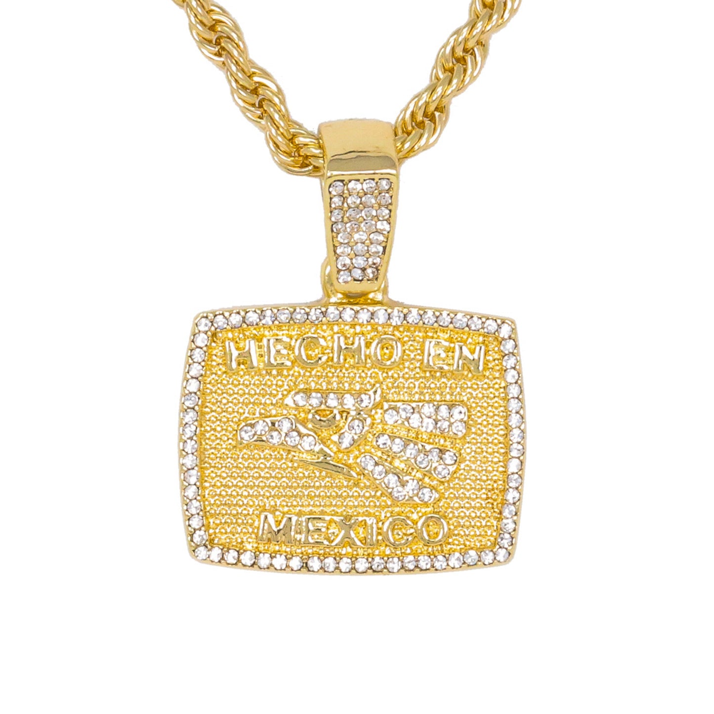 Iced Medium Hecho En Mexico Pendant with 4mm Rope Chain 24" - HC-1916