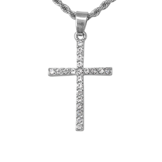 Iced Mini Cross Pendant with 3mm Rope Chain 24" - HC-201