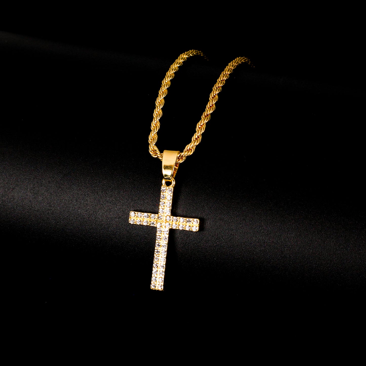 Iced Mini Cross Pendant with 3mm Rope Chain 24" - RC-202