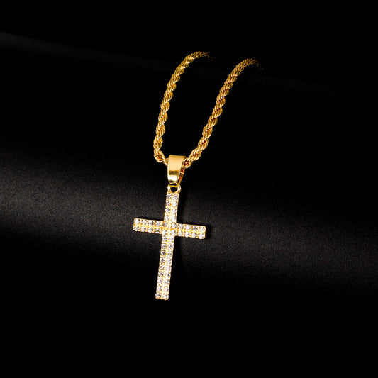Iced Mini Cross Pendant with 3mm Rope Chain 24" - RC-202